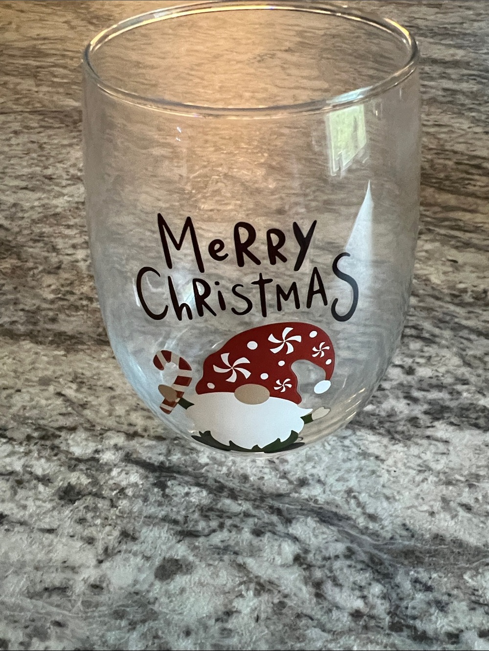 Clear 'Merry Christmas' Gnome Stemless Wine Glass GUC